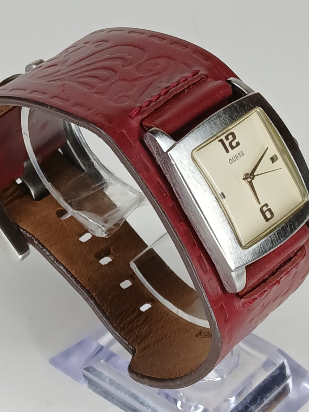 ​GUESS Women's Square Dial Watch Red Tooled Leather Cuff Band Bracelet Strap